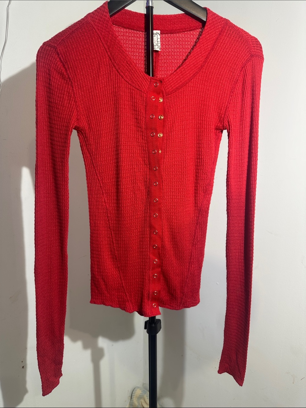 Irregular Choice Red Waffle-Knit Snap Front Long Sleeve Top